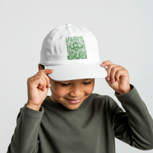 Gorra blanca tipo dad cap con ilustración de científico y bigote gigante en tinta verde - El Desastre del Bigote Gigante
