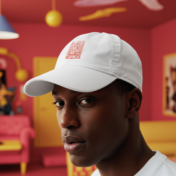 Gorra blanca tipo dad cap con ilustración de monje alquimista y pociones en tinta roja - El Monje Alquimista