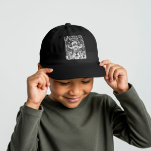 Gorra negra tipo dad cap con ilustración de científico y bigote gigante en tinta blanca - El Desastre del Bigote Gigante
