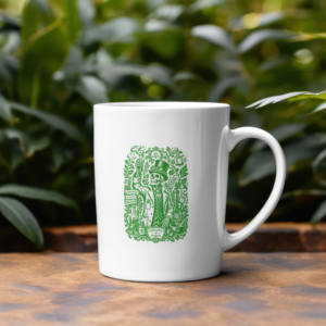 Untitled Project - Mockup (11) Taza de cerámica blanca con diseño de alquimista esqueleto en tinta verde - Knowledge is Power