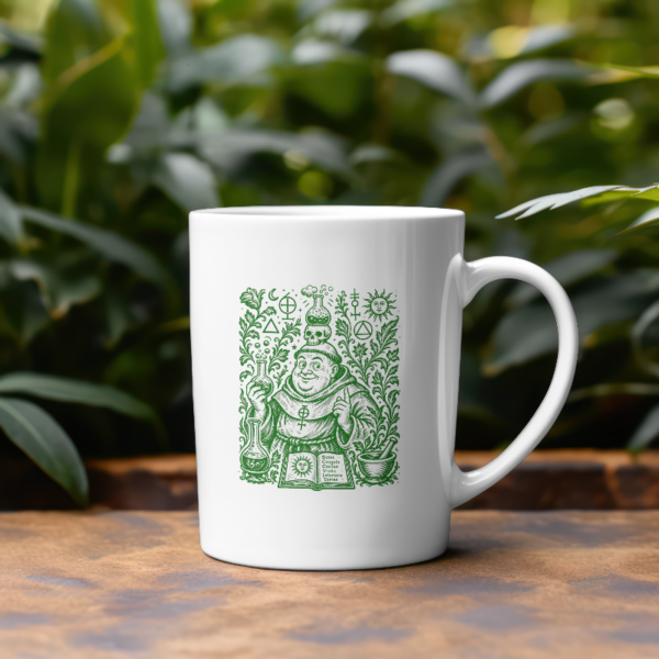 Taza blanca con ilustración de monje alquimista y pociones en tinta verde - El Monje Alquimista