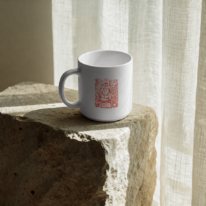 Untitled Project - Mockup 13 Taza blanca con ilustración de monje alquimista y pociones en tinta roja - El Monje Alquimista