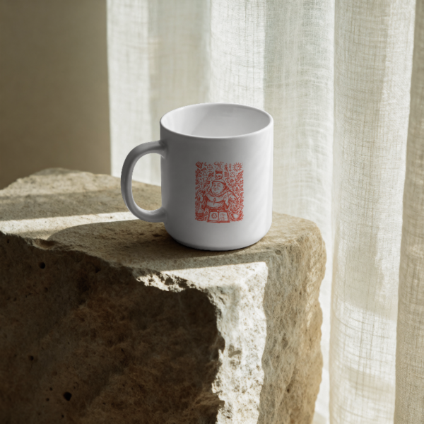 Taza blanca con ilustración de monje alquimista y pociones en tinta roja - El Monje Alquimista