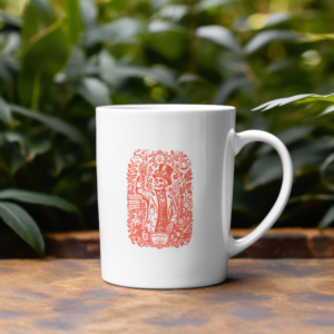Untitled Project - Mockup (14) Taza de cerámica blanca con diseño de alquimista esqueleto en tinta roja - Knowledge is Power