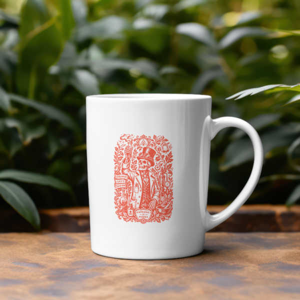Taza de cerámica blanca con diseño de alquimista esqueleto en tinta roja - Knowledge is Power