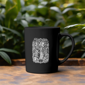 Untitled Project - Mockup (15) Taza de cerámica negra con diseño de alquimista esqueleto en tinta blanca - Knowledge is Power