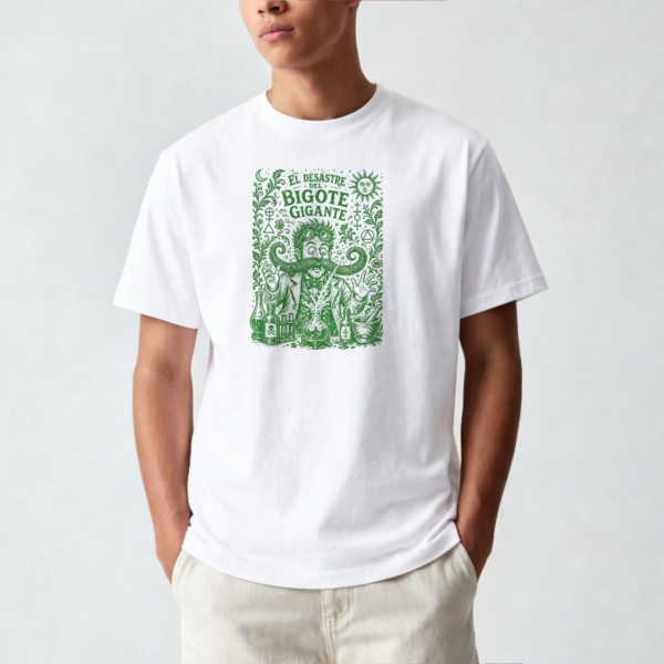 Untitled Project - Mockup Sudadera blanca con capucha e ilustración de científico y bigote gigante en tinta verde - El Desastre del Bigote Gigante