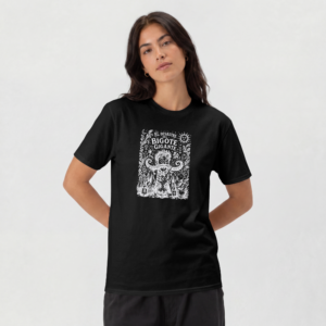 Camiseta negra con ilustración de científico y bigote gigante en tinta blanca - El Desastre del Bigote Gigante