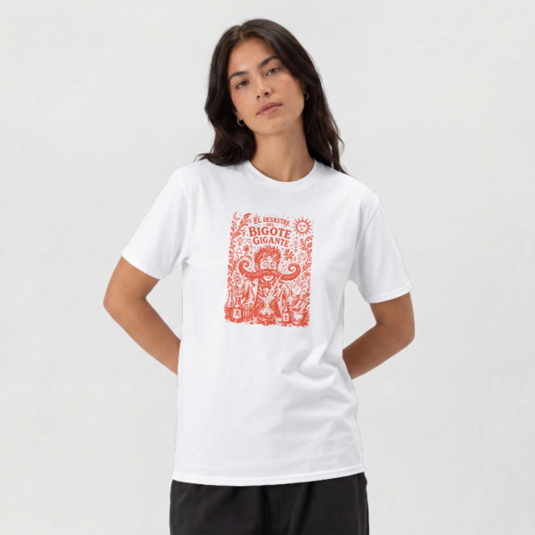 Untitled Project - Mockup 2 Camiseta blanca con ilustración de científico y bigote gigante en tinta roja - El Desastre del Bigote Gigante
