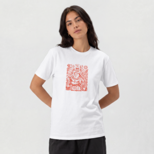 Camiseta blanca con ilustración de monje alquimista y pociones en tinta roja - El Monje Alquimista