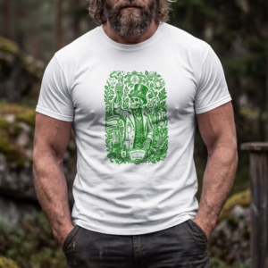 Camiseta blanca con diseño de alquimista esqueleto en tinta verde - Knowledge is Power