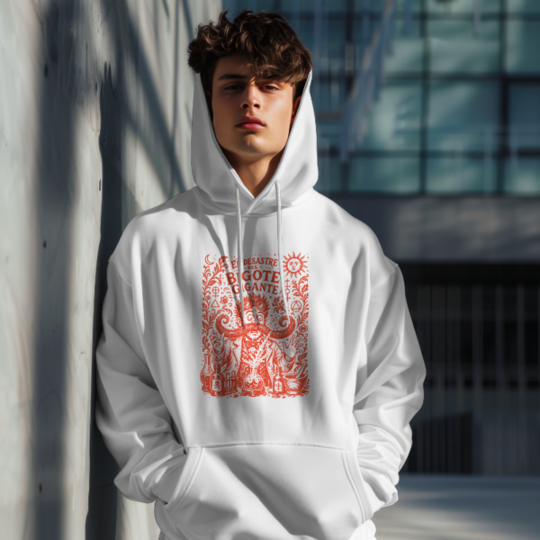 Sudadera negra con capucha e ilustración de científico y bigote gigante en tinta blanca - El Desastre del Bigote Gigante