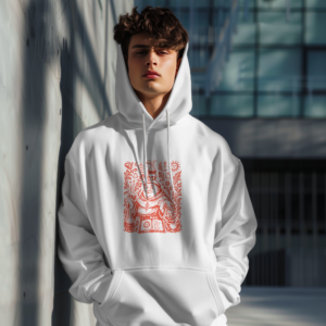 Untitled Project - Mockup 3 Sudadera blanca con capucha e ilustración de monje alquimista y pociones en tinta roja - El Monje Alquimista