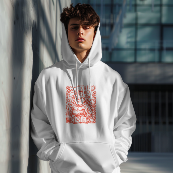 Sudadera blanca con capucha e ilustración de monje alquimista y pociones en tinta roja - El Monje Alquimista