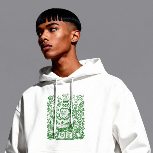 Sudadera blanca con capucha e ilustración de monje alquimista y pociones en tinta verde - El Monje Alquimista