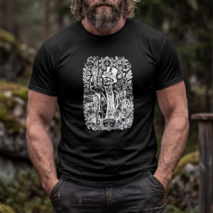 Camiseta negra con diseño de alquimista esqueleto en tinta blanca - Knowledge is Power