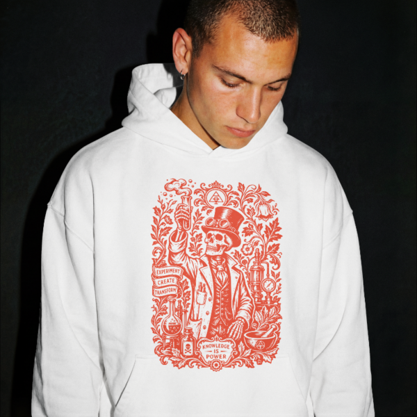 Sudadera blanca con capucha y diseño de alquimista esqueleto en tinta roja - Knowledge is Power esqueleto en tinta roja - Knowledge is Power