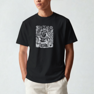 Camiseta negra con ilustración de monje alquimista y pociones en tinta blanca - El Monje Alquimista