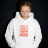 Sudadera blanca con capucha e ilustración de científico y bigote gigante en tinta roja - El Desastre del Bigote Gigante