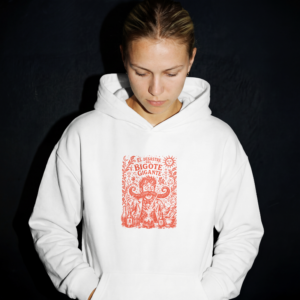 Untitled Project - Mockup 4 Sudadera blanca con capucha e ilustración de científico y bigote gigante en tinta roja - El Desastre del Bigote Gigante
