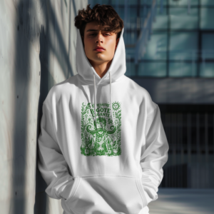 Untitled Project - Mockup (5) Sudadera blanca con capucha e ilustración de científico y bigote gigante en tinta verde - El Desastre del Bigote Gigante