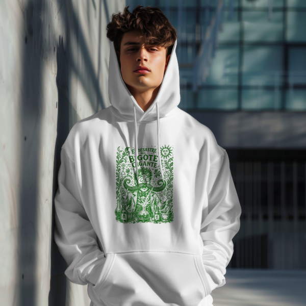 Sudadera blanca con capucha e ilustración de científico y bigote gigante en tinta verde - El Desastre del Bigote Gigante