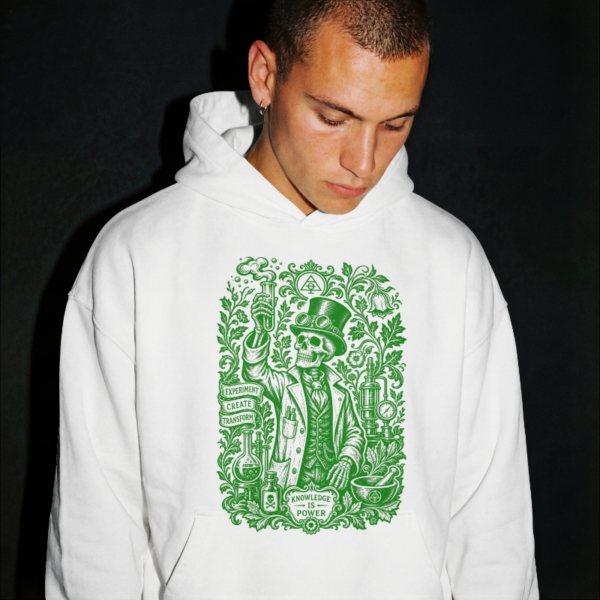 Sudadera blanca con capucha y diseño de alquimista esqueleto en tinta verde - Knowledge is Power