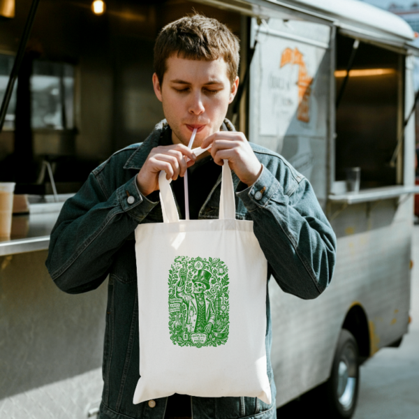 Tote bag blanco de algodón con diseño de alquimista esqueleto en tinta verde - Knowledge is Power