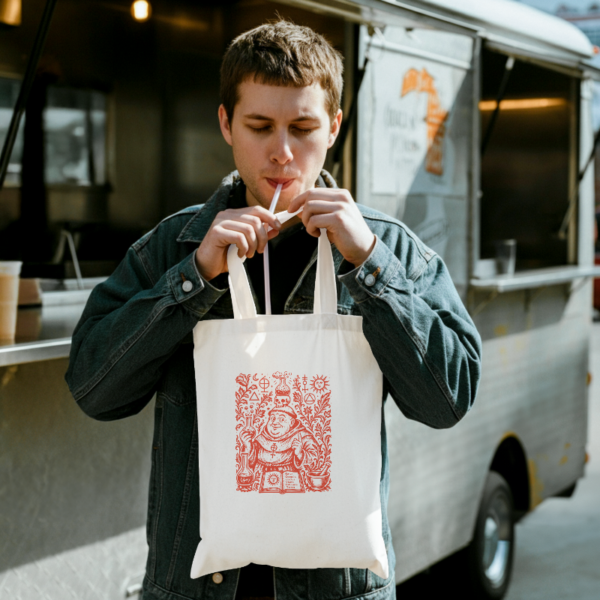 Tote bag natural con ilustración de monje alquimista y pociones en tinta roja - El Monje Alquimista