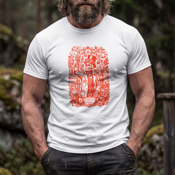 Camiseta blanca con diseño de alquimista esqueleto en tinta roja - Knowledge is Power