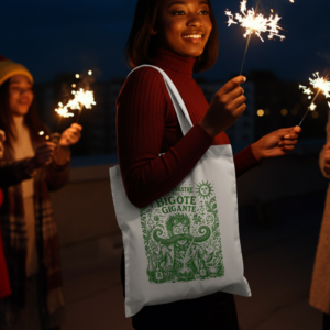 Untitled Project - Mockup (8) Tote bag natural con ilustración de científico y bigote gigante en tinta verde - El Desastre del Bigote Gigante